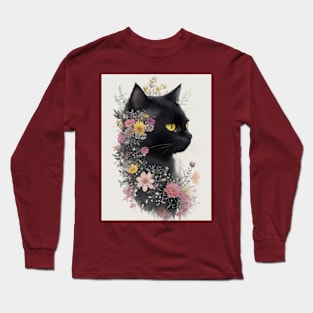 Black cat with flowers Long Sleeve T-Shirt